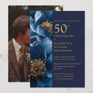 Modern Blue And Gold Floral 50th Anniversary Photo Invitation