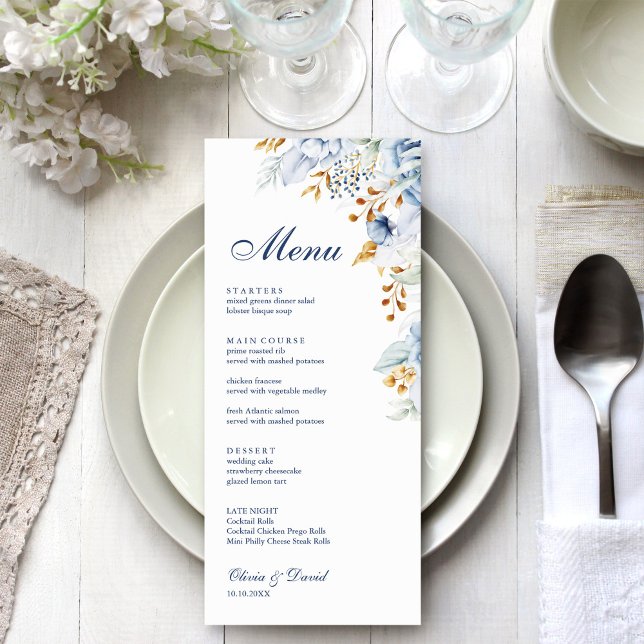 Modern Blue and Gold Floral Wedding Menu Card (Modern Blue and Gold Floral Wedding Menu Card on an elegant wedding table with white flowers.)