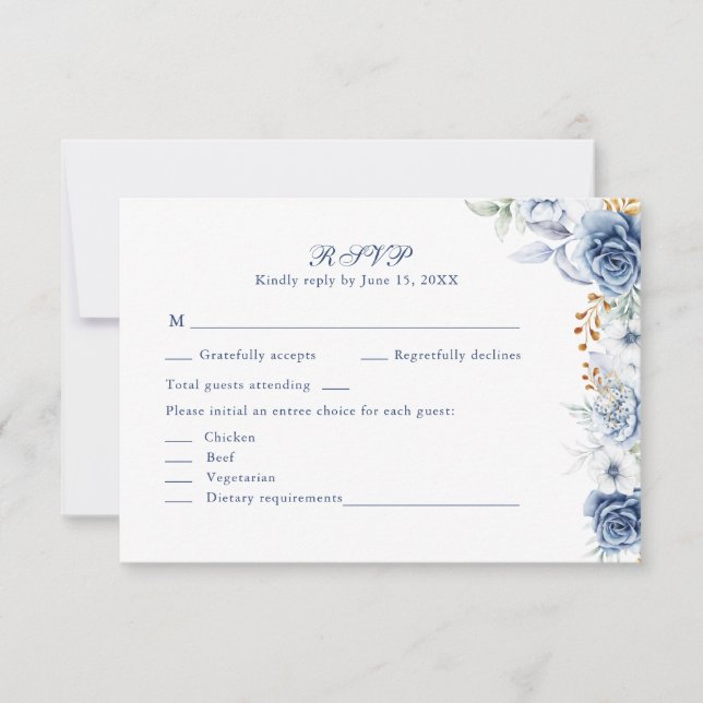 Modern Blue and Gold Floral Wedding RSVP Card (Front)