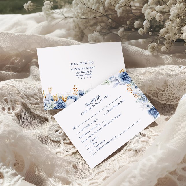 Modern Blue and Gold Floral Wedding RSVP Card (Modern Blue and Gold Floral Wedding RSVP Card on a wedding lace fabric with tiny white flowers.)