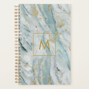 Modern Blue and Gold Marble Texture Monogrammed Planner
