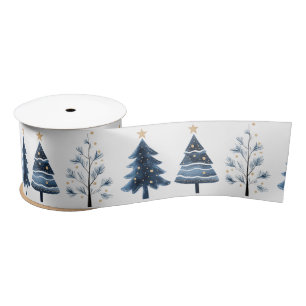 Modern Blue and Gold Merry Christmas Trees Wide Satin Ribbon
