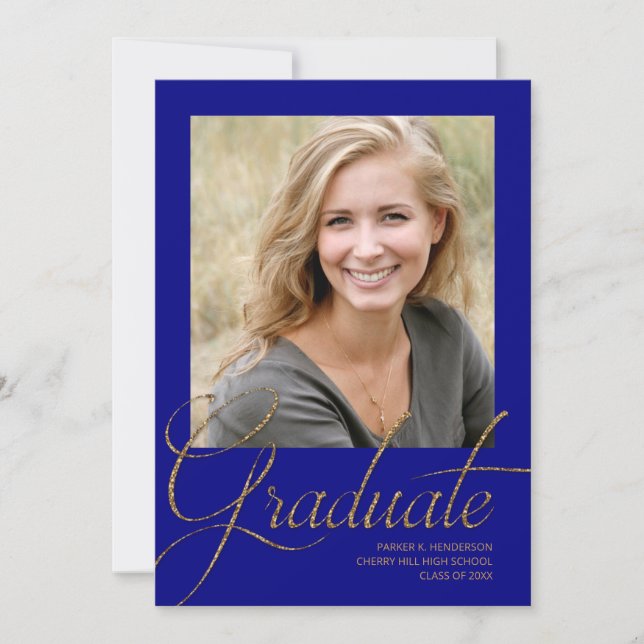 Modern Blue and Gold Minimalist Photo Graduation Invitation (Front)