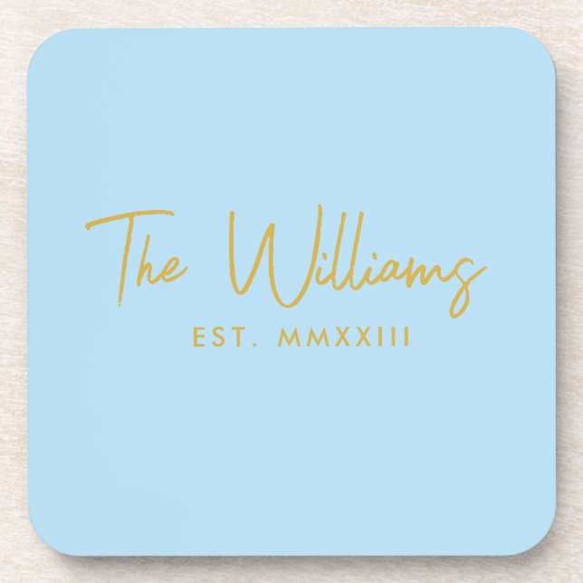 Modern Blue and Gold Script Established Date Coaster (Front)
