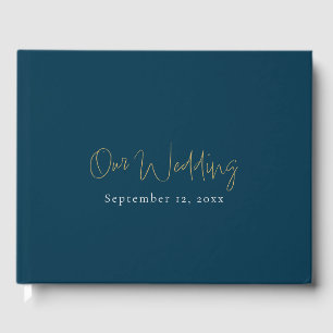 Modern blue and gold script, minimalistic wedding guest book