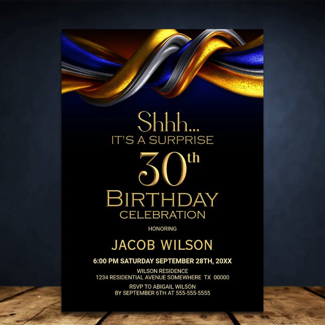 Modern Blue and Gold Surprise 30th Birthday Party Invitation (Creator Uploaded)
