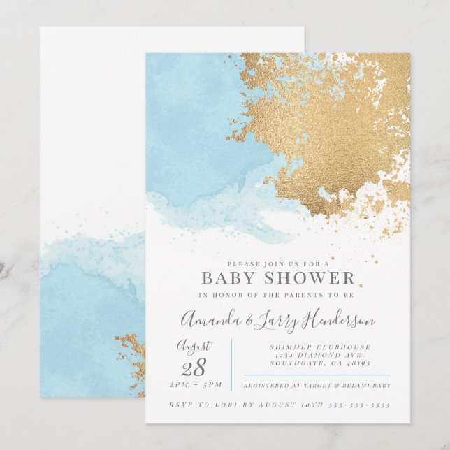 Modern Blue and Gold Watercolor Baby Shower Invitation (Front/Back)