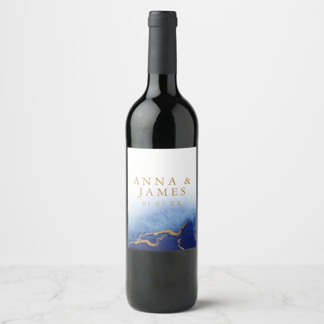 Modern Blue and Gold Watercolor Wine Labels (Front)