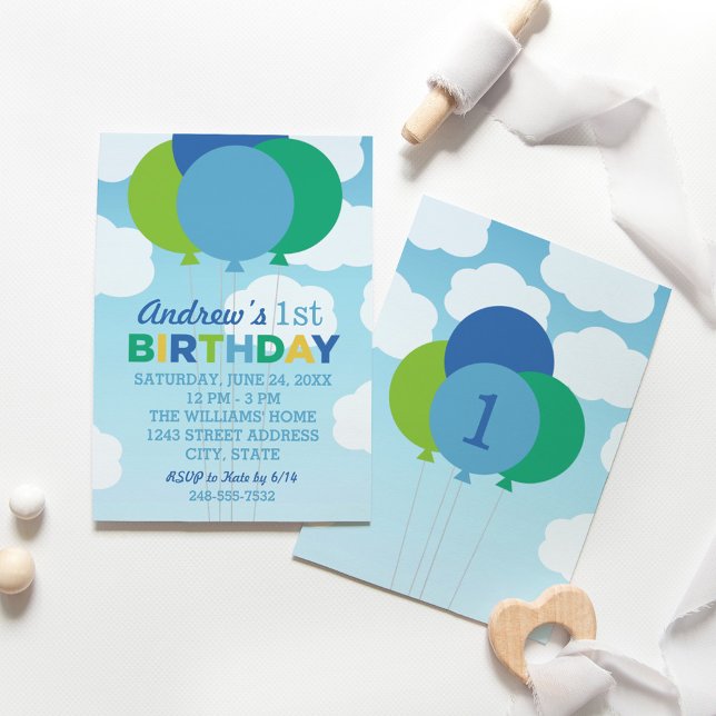 Modern Blue and Green Balloons Birthday Party Invitation (Creator Uploaded)