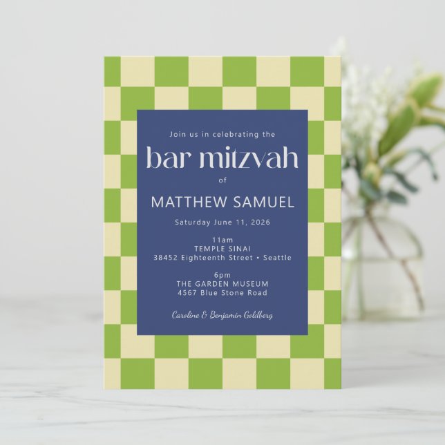 Modern Blue and Green Chequerboard Bar Mitzvah Invitation (Standing Front)