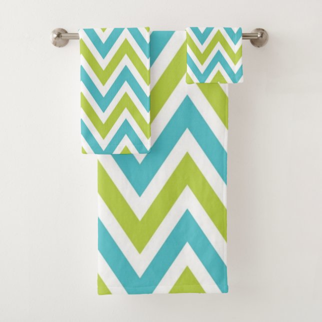 Modern Blue and Green Chevron Bath Towel Set (Insitu)