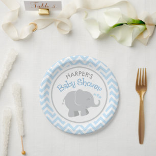 Modern Blue and Grey Elephant Boy Baby Shower Paper Plate