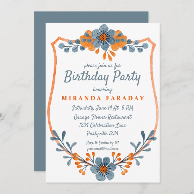 Modern Blue and Orange Flowers Frame Birthday Invitation (Front/Back)