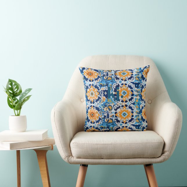 Modern Blue and Orange Tile Monogram Cushion (Chair)