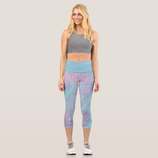 Modern blue and pink arty colourful funky art capri leggings (Front)