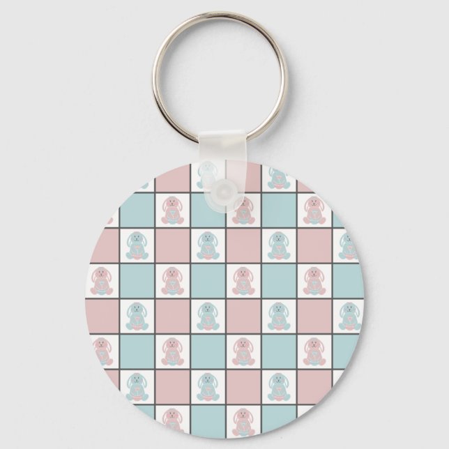 Modern Blue and Pink Easter Bunny Egg Cute Pattern Key Ring (Front)