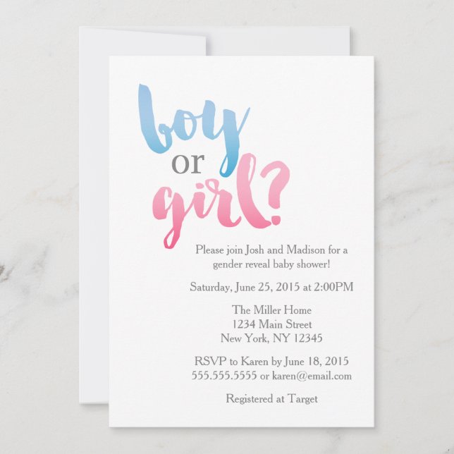 Modern Blue and Pink Gender Reveal Baby Shower Invitation (Front)