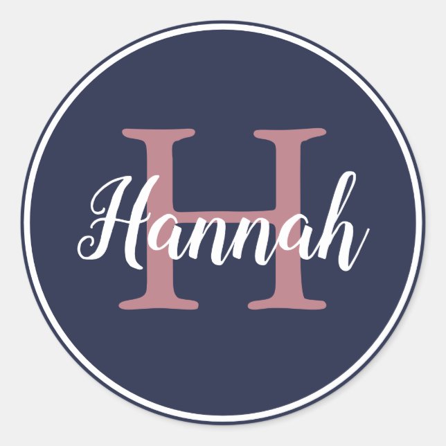 Modern Blue and Pink Script Monogram Name Classic Round Sticker (Front)