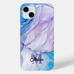Modern Blue and Purple Marbled monogramed Name iPhone 15 Mini Case