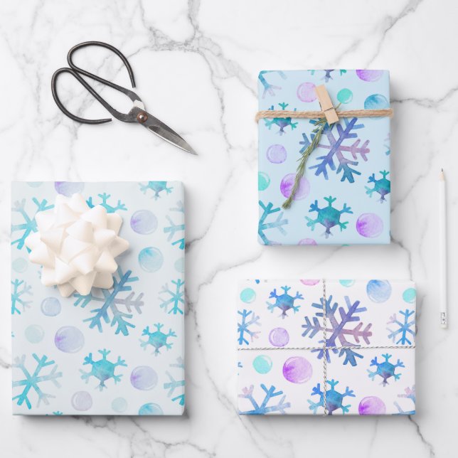 Modern Blue and Purple Snowflakes Christmas Wrapping Paper Sheet (Front)