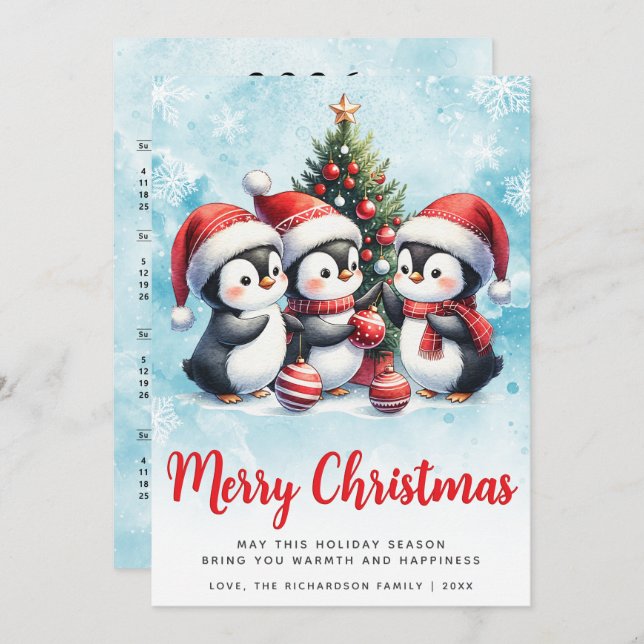 Modern Blue and Red Cute Penguins Merry Christmas Holiday Card (Front/Back)