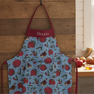 Modern Blue and Red Pomegranate Fruit Pattern Apron