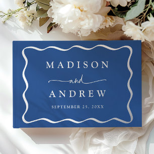 Modern Blue and Silver Wavy Frame Photo Wedding Guest Book