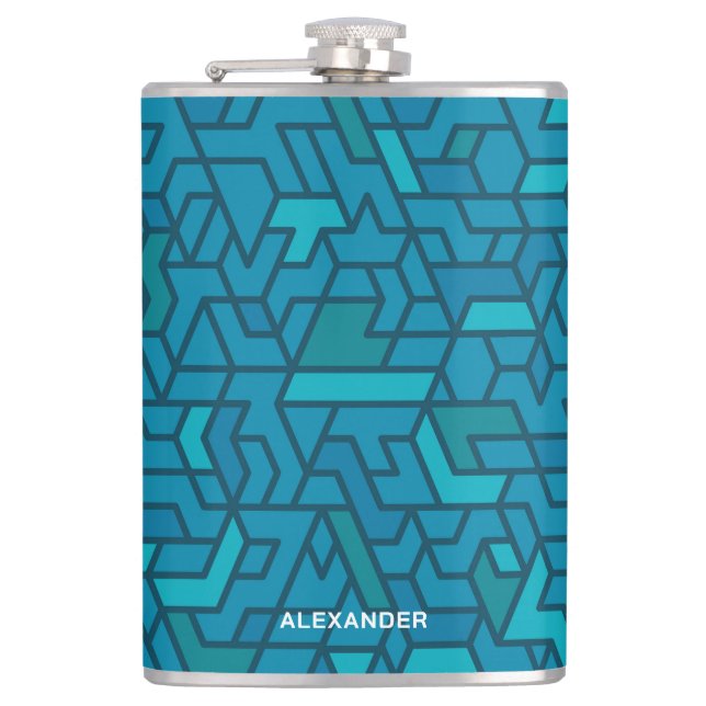 Modern Blue and Teal Green Geometric With Name Hip Flask (Front)