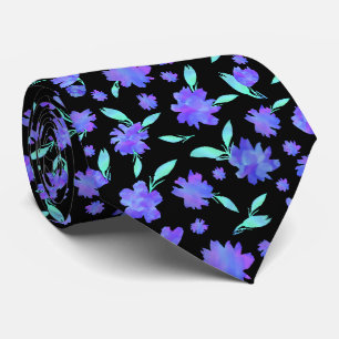 Modern blue and teal watercolor flowers tie