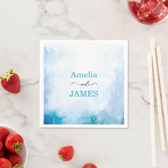Modern Blue and Turquoise watercolor Wedding Napkin (Insitu)