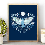 Modern Blue And White Abstract Moth Illustration Poster<br><div class="desc">Modern Blue And White Abstract Celestial Moth Illustration Poster. This magical mystical abstract boho design features a beautiful intricate moth illustration with a full moon and crescent moon phases. Adorned with wildflowers,  and floral flourishes. Bohemian witchy aesthetic.</div>