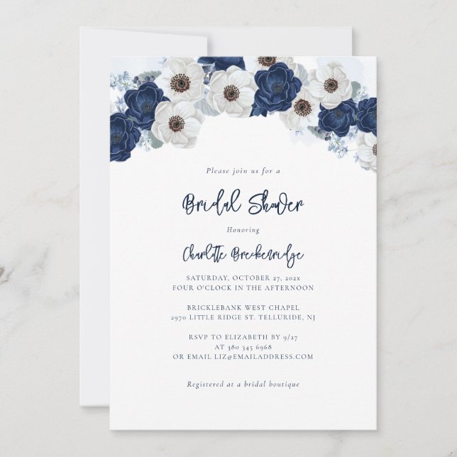 Modern Blue and White Floral Bridal Shower Invitation (Front)