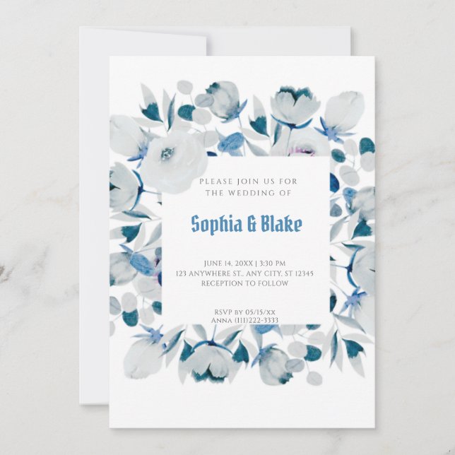 Modern Blue and White Floral Framed White Wedding Invitation (Front)