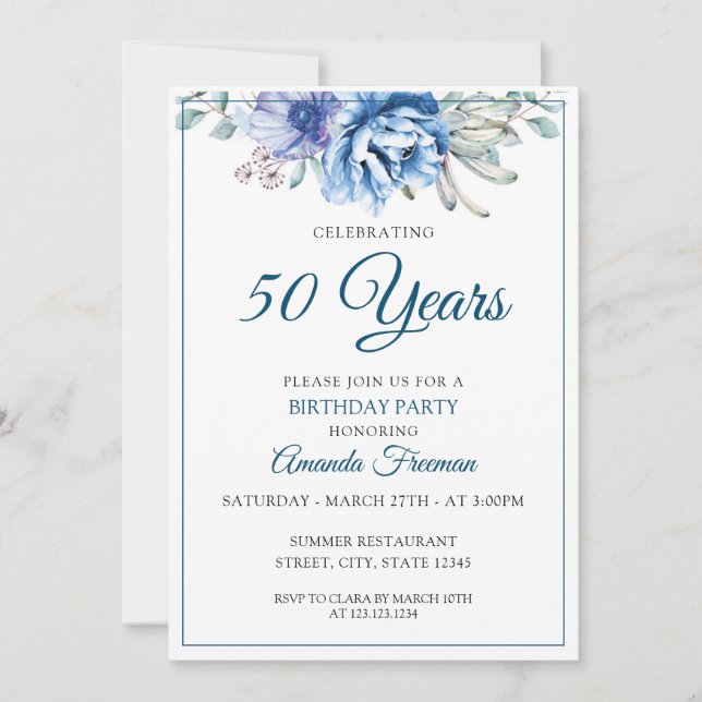 Modern Blue and White Floral Mother Birthday Invitation (Front)