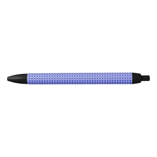 Modern Blue and White Geometric Diamond Pattern Black Ink Pen (Front)