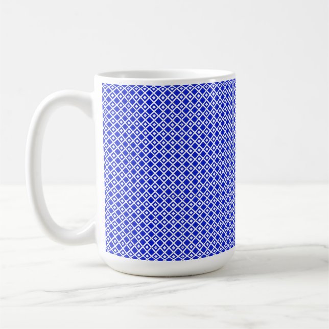Modern Blue and White Geometric Diamond Pattern Coffee Mug (Left)