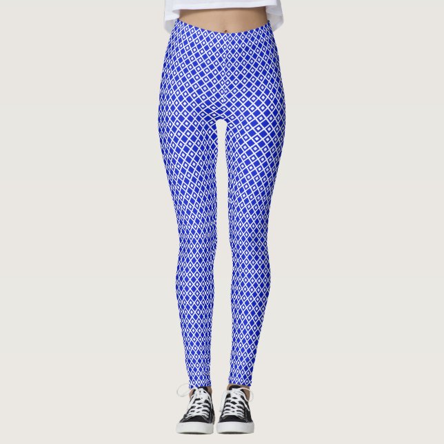 Modern Blue and White Geometric Diamond Pattern Leggings (Front)