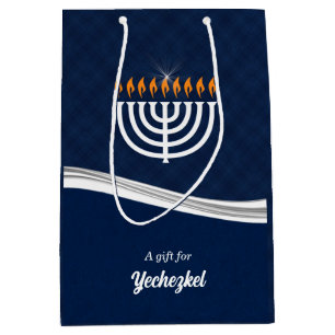 Modern Blue and White Hanukkah Custom Name Medium Gift Bag
