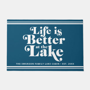 Modern Blue and White Lake Life Family Name Doormat