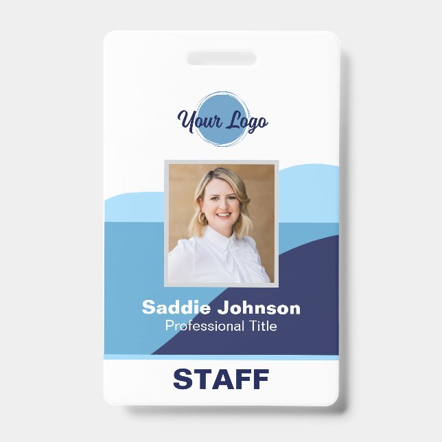 Modern Blue and White Logo Employee Name ID Badge (Front)
