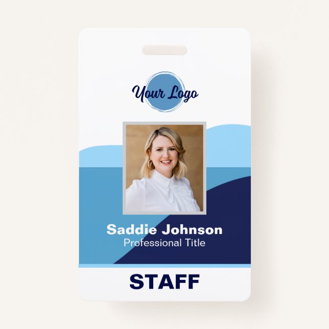 Modern Blue and White Logo Employee Name ID Badge (Front)