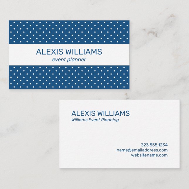 Modern Blue and White Polka Dots White Stripe Business Card (Front/Back)
