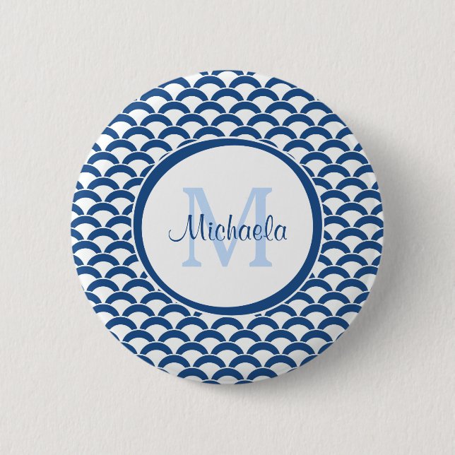 Modern Blue and White Scallops Monogram and Name 6 Cm Round Badge (Front)