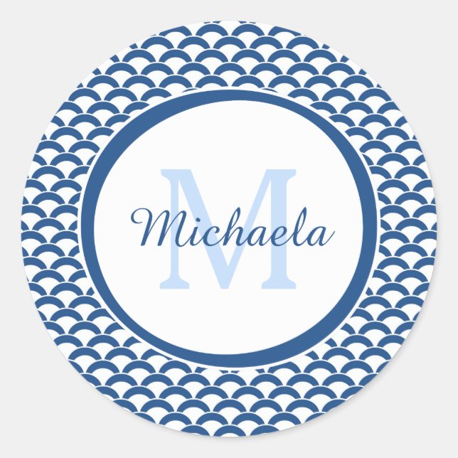 Modern Blue and White Scallops Monogram and Name Classic Round Sticker (Front)