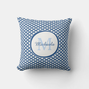 Modern Blue and White Scallops Monogram and Name Cushion