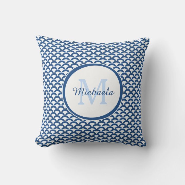 Modern Blue and White Scallops Monogram and Name Cushion (Front)