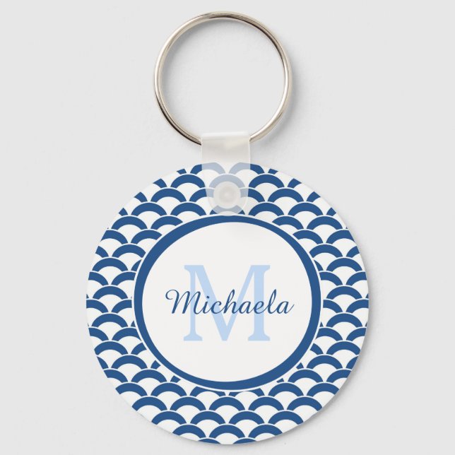 Modern Blue and White Scallops Monogram and Name Key Ring (Front)
