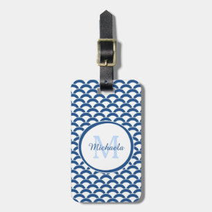 Modern Blue and White Scallops Monogram and Name Luggage Tag