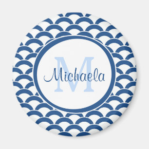 Modern Blue and White Scallops Monogram and Name Magnet