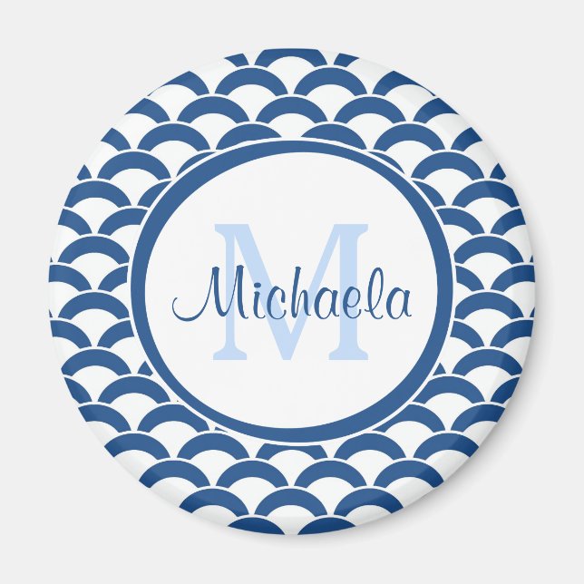 Modern Blue and White Scallops Monogram and Name Magnet (Front)